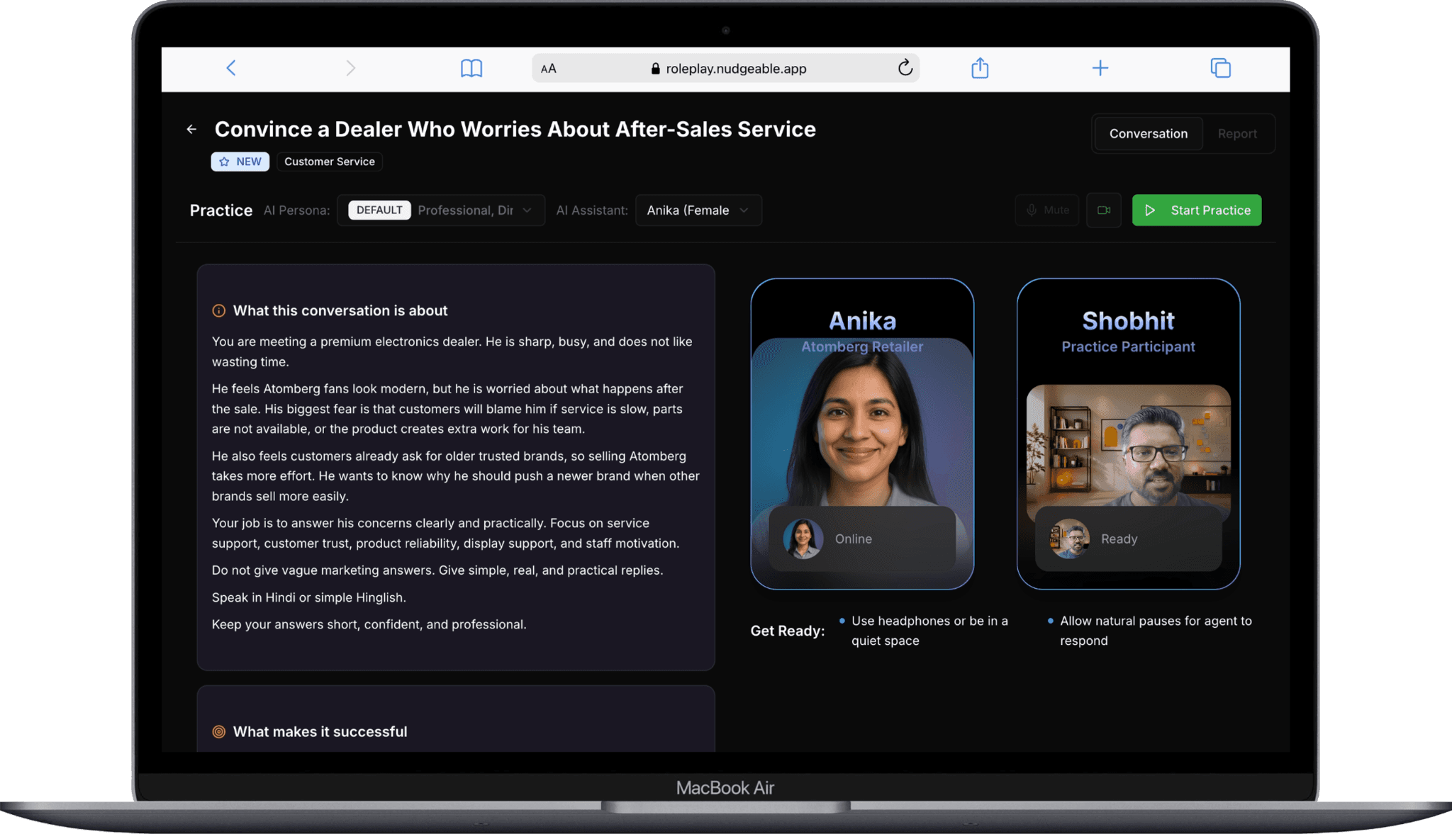 AI Coach roleplay interface