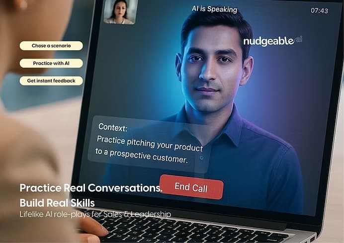 AI Coach roleplay interface showing a live practice conversation and feedback flow