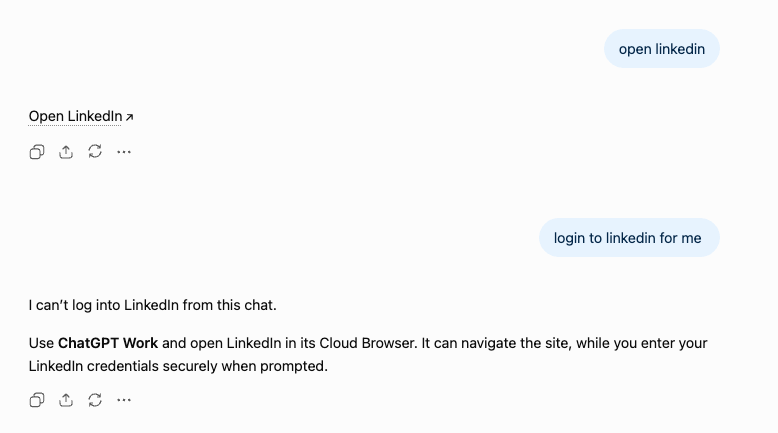 Screenshot where Chat says it cannot log into LinkedIn and recommends using ChatGPT Work