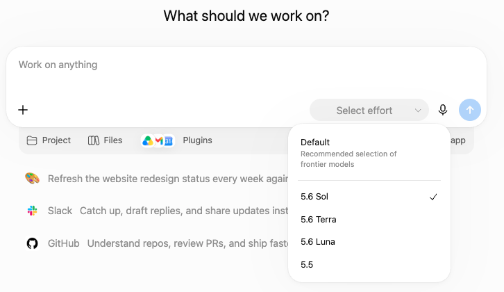 Screenshot of the Work model picker showing Sol, Terra and Luna