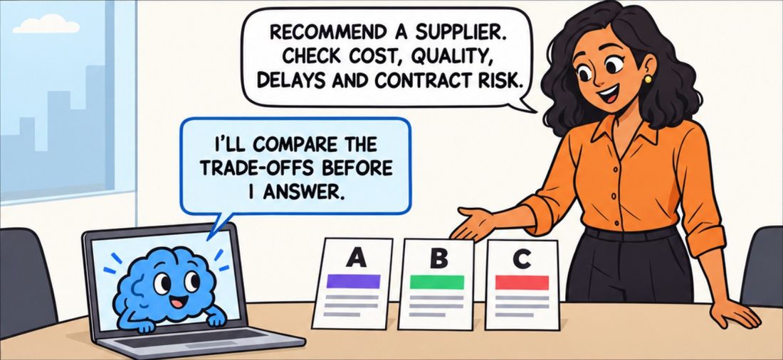 Comic panel: the AI compares trade-offs before answering
