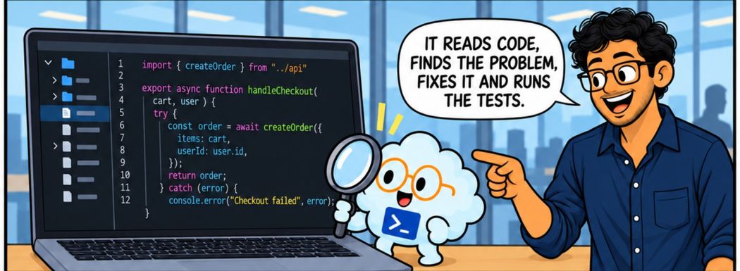 Comic panel: it reads the code, finds the problem, fixes it, runs the tests