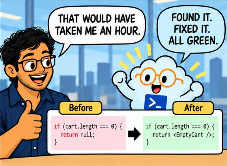 Comic panel: found it, fixed it, all green