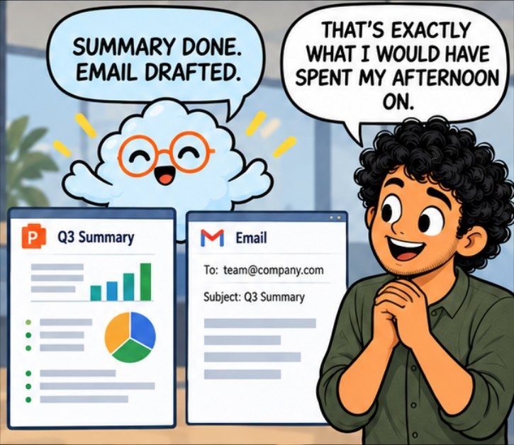 Comic panel: summary done, email drafted