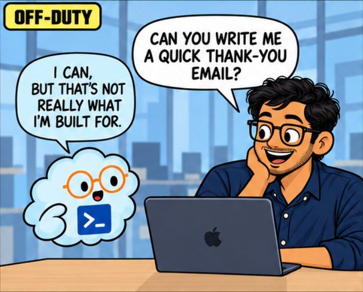 Comic panel: asking the coding agent for an email