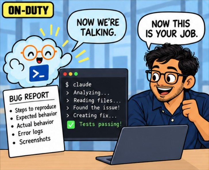 Comic panel: the coding agent given a bug report