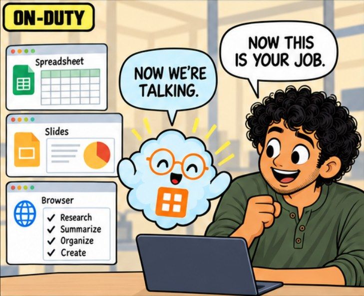 Comic panel: the work agent given a research and build task