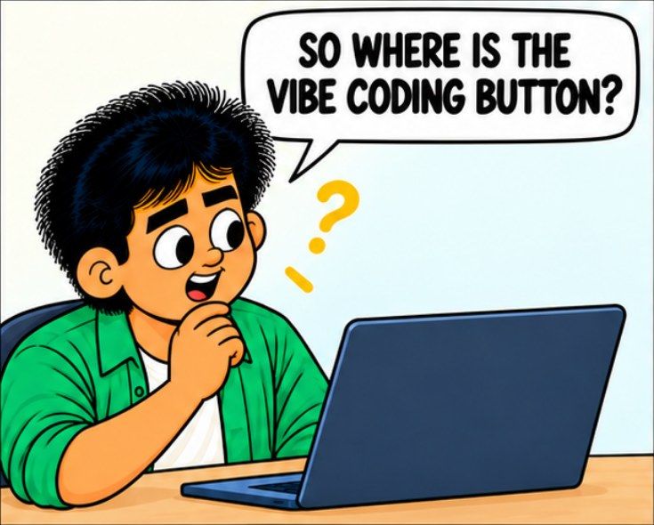 Comic panel: looking for the button
