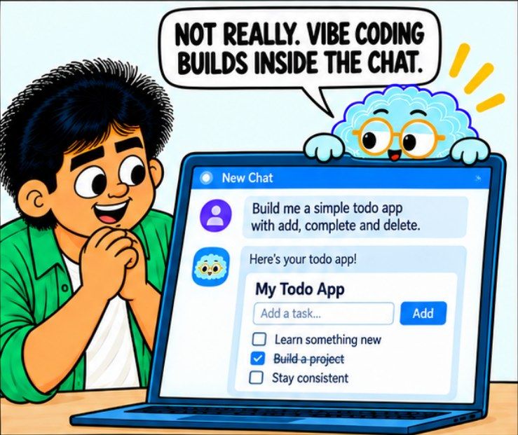 Comic panel: vibe coding builds inside the chat
