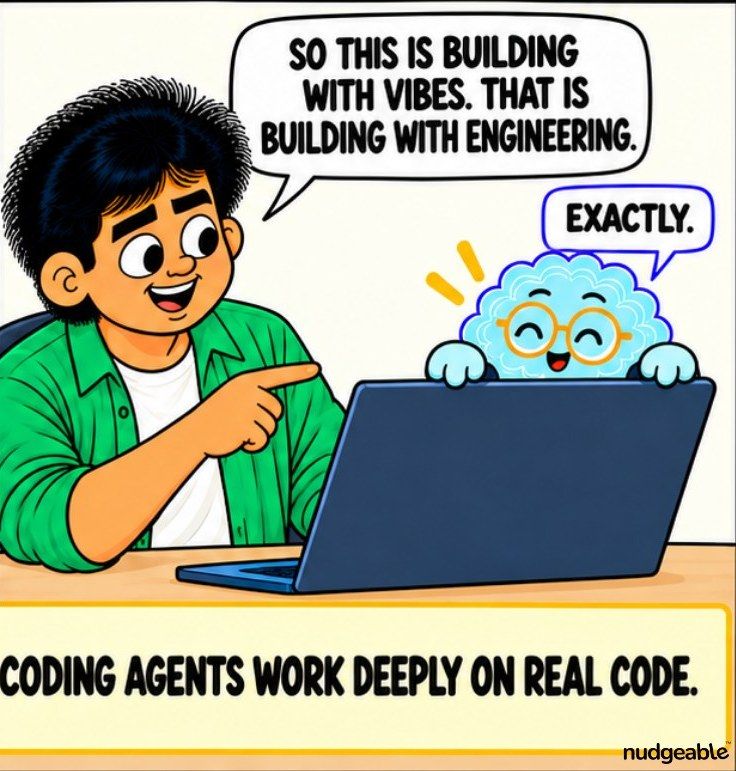 Comic panel: building with vibes or with engineering